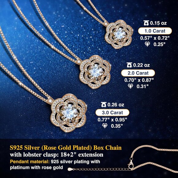 Elegant Moissanite Silver Necklace for Women 2 Carat Rosegold Flower Jewelry - Picture 6 of 7